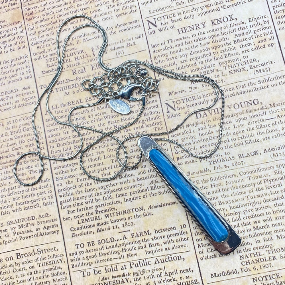 CHICO'S Silver Tone Long Chain Acrylic Blue Pendant Necklace 30"-34"